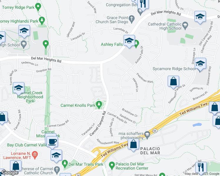 map of restaurants, bars, coffee shops, grocery stores, and more near 4907 Smith Canyon Court in San Diego