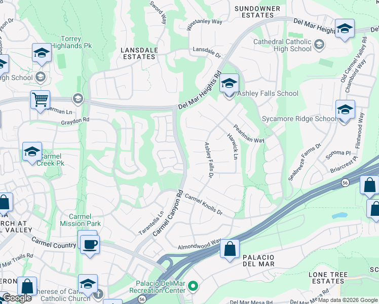 map of restaurants, bars, coffee shops, grocery stores, and more near 4907 Smith Canyon Court in San Diego