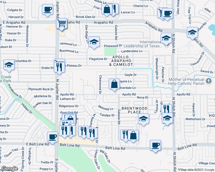 map of restaurants, bars, coffee shops, grocery stores, and more near 3014 Silverdale Lane in Garland