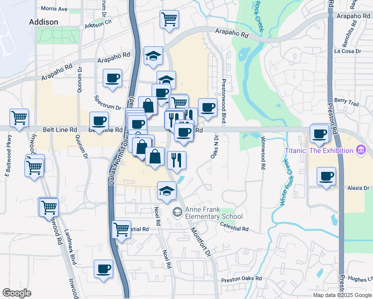 map of restaurants, bars, coffee shops, grocery stores, and more near 5294 Belt Line Road in Dallas