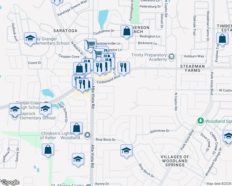 map of restaurants, bars, coffee shops, grocery stores, and more near 12364 Angel Food Lane in Fort Worth