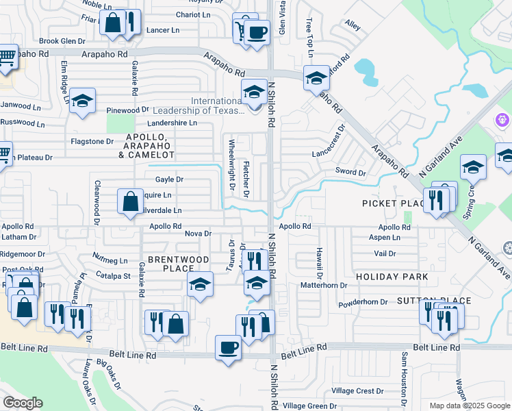 map of restaurants, bars, coffee shops, grocery stores, and more near 2310 Apollo Road in Garland