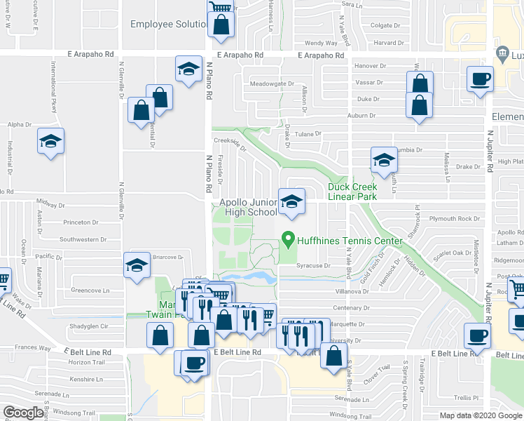 map of restaurants, bars, coffee shops, grocery stores, and more near 1500 Apollo Road in Richardson