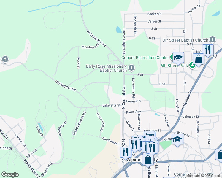 map of restaurants, bars, coffee shops, grocery stores, and more near 211-215 Maplewood Lane in Alexander City