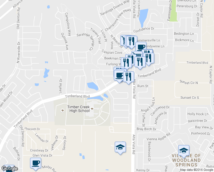 map of restaurants, bars, coffee shops, grocery stores, and more near 3500 Durango Root Court in Fort Worth