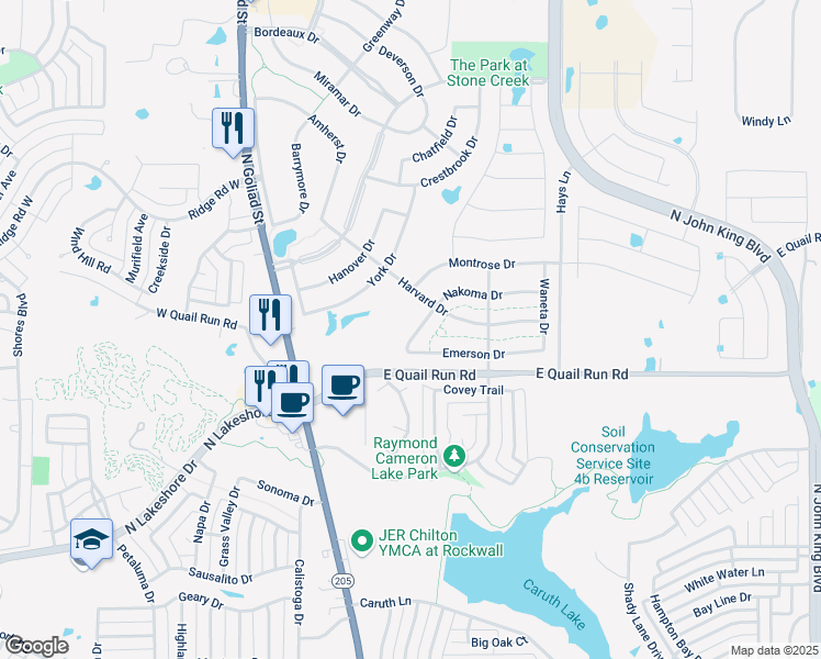 map of restaurants, bars, coffee shops, grocery stores, and more near 430 Emerson Drive in Rockwall