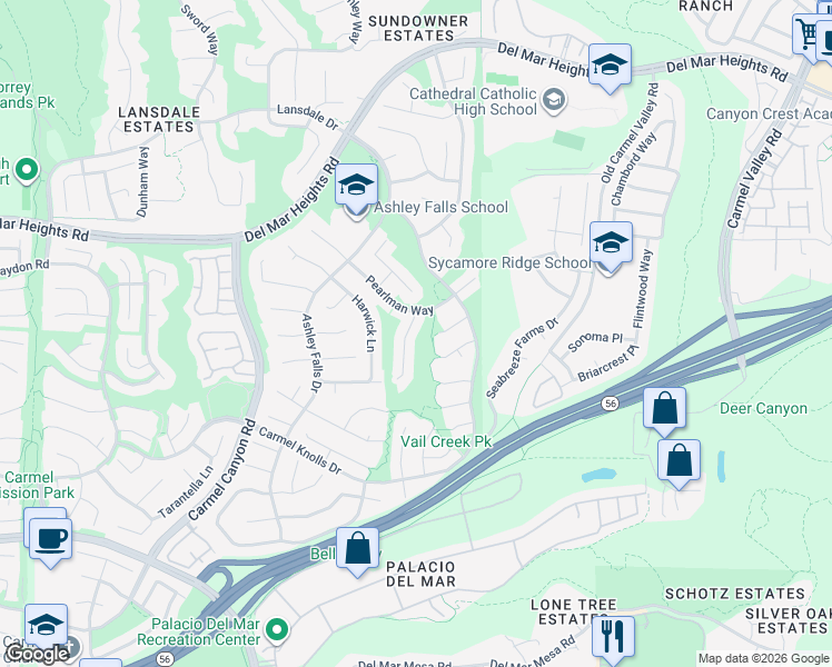 map of restaurants, bars, coffee shops, grocery stores, and more near 12851 Baywind Point in San Diego