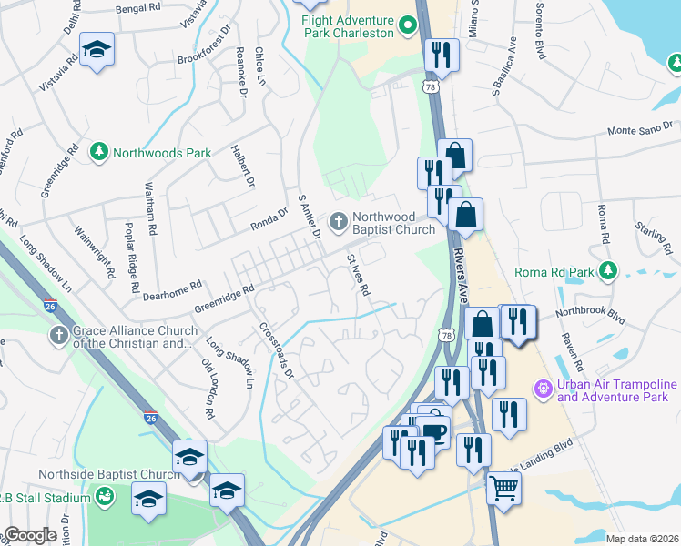 map of restaurants, bars, coffee shops, grocery stores, and more near 2225 Greenridge Road in North Charleston