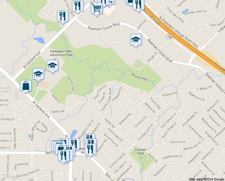 map of restaurants, bars, coffee shops, grocery stores, and more near 909 Dogwood Drive in Garland