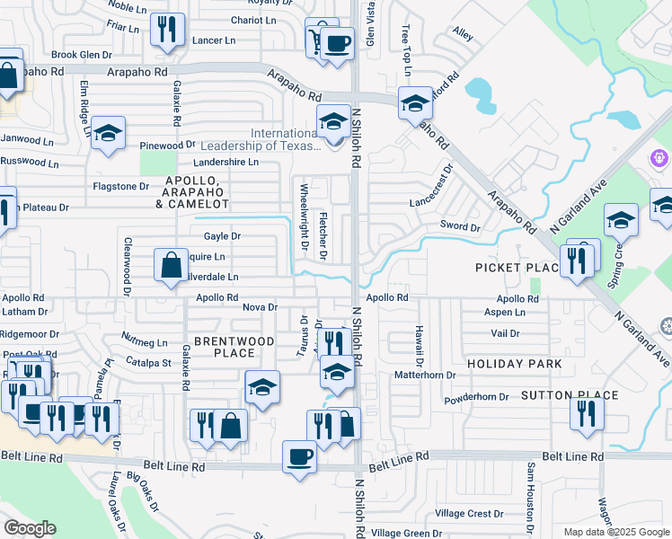 map of restaurants, bars, coffee shops, grocery stores, and more near 2310 Apollo Road in Garland