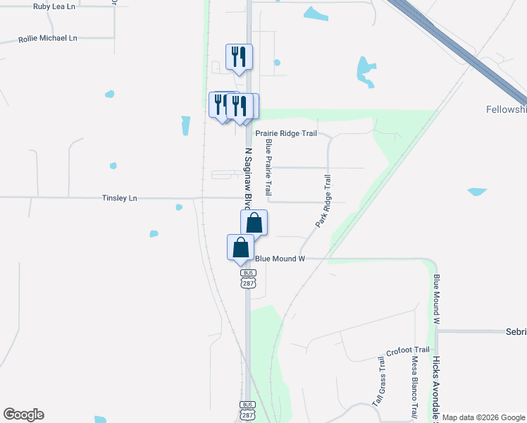 map of restaurants, bars, coffee shops, grocery stores, and more near 12319 North Saginaw Boulevard in Fort Worth