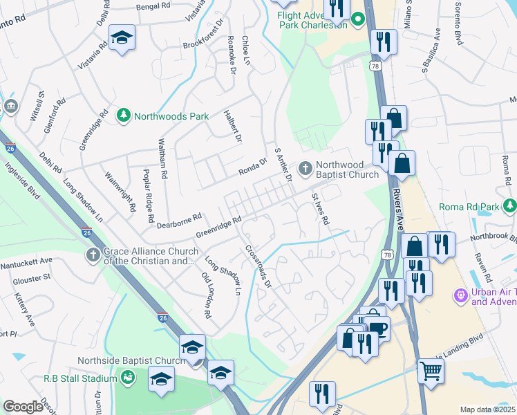 map of restaurants, bars, coffee shops, grocery stores, and more near 8102 Ramsgate Road in North Charleston