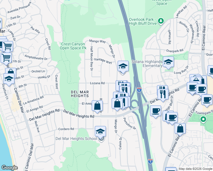 map of restaurants, bars, coffee shops, grocery stores, and more near 14058 Mira Montana Drive in Del Mar
