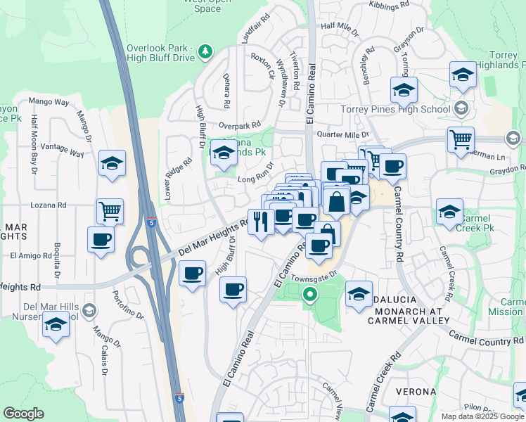 map of restaurants, bars, coffee shops, grocery stores, and more near 3275 Del Mar Heights Road in San Diego