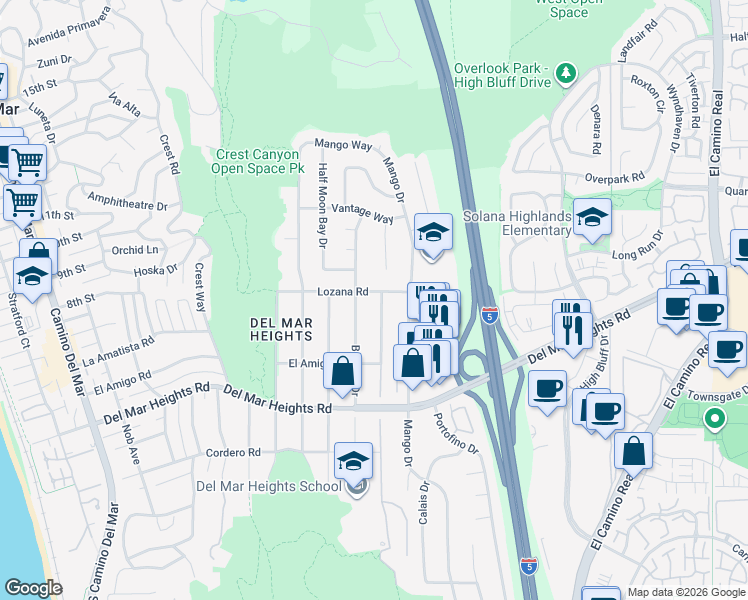map of restaurants, bars, coffee shops, grocery stores, and more near 14058 Mira Montana Drive in Del Mar