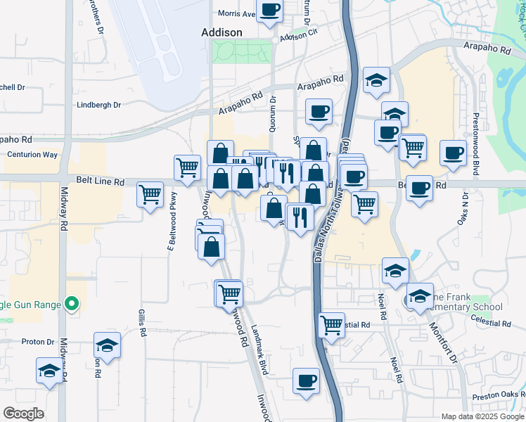 map of restaurants, bars, coffee shops, grocery stores, and more near 14975 Quorum Drive in Dallas