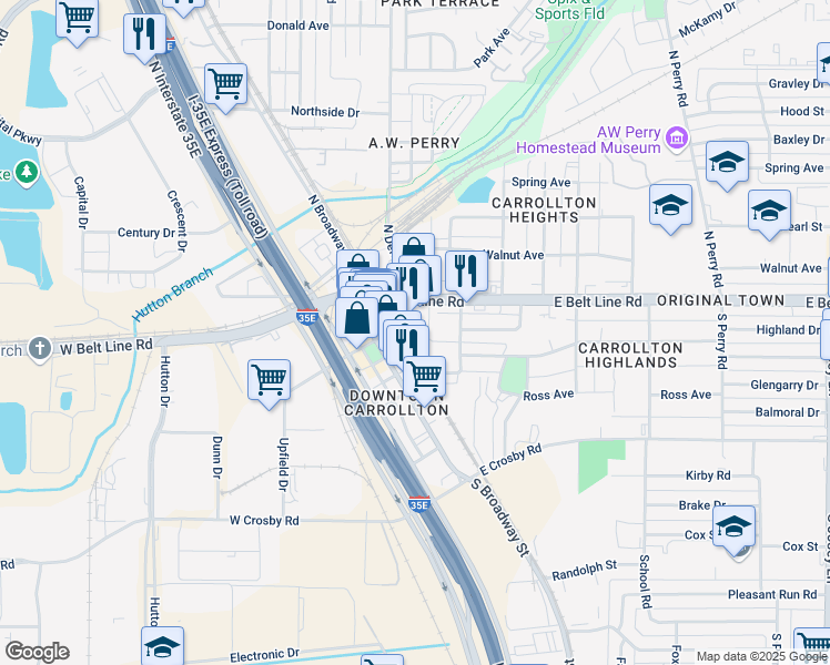 map of restaurants, bars, coffee shops, grocery stores, and more near 1111 South Main Street in Carrollton