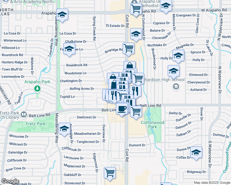 map of restaurants, bars, coffee shops, grocery stores, and more near 7989 Belt Line Road in Dallas