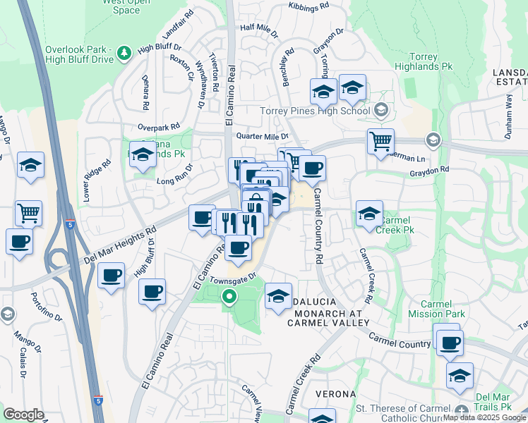 map of restaurants, bars, coffee shops, grocery stores, and more near 12925 El Camino Real in San Diego