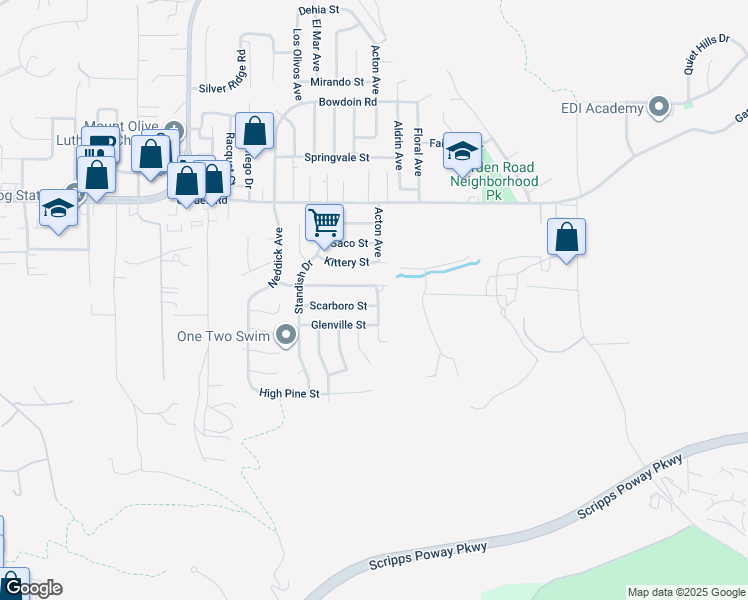 map of restaurants, bars, coffee shops, grocery stores, and more near 14594 Scarboro Street in Poway