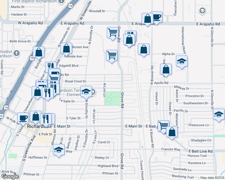 map of restaurants, bars, coffee shops, grocery stores, and more near 528 Rorary Drive in Richardson