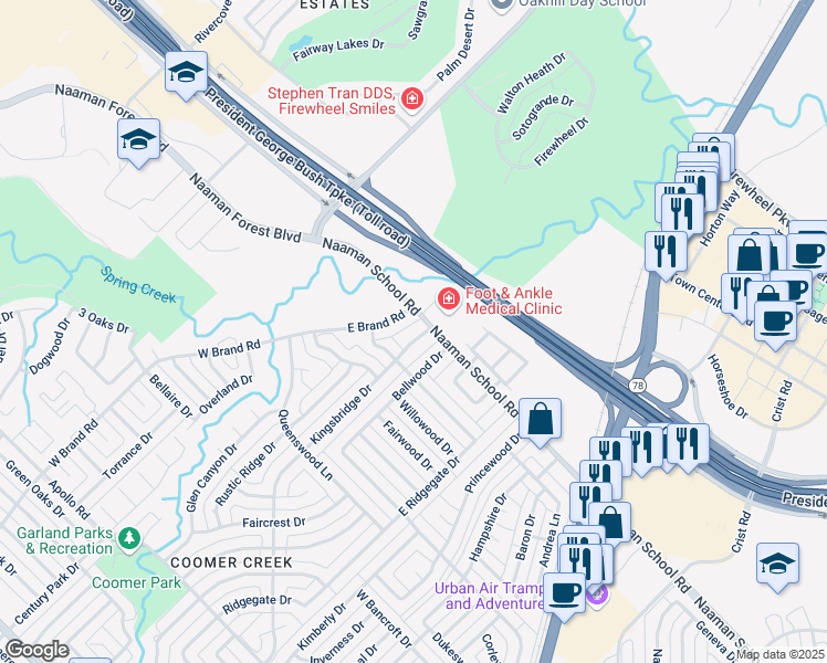 map of restaurants, bars, coffee shops, grocery stores, and more near 216 East Kingsbridge Drive in Garland