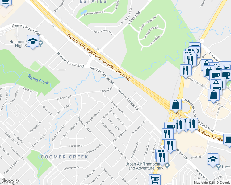 map of restaurants, bars, coffee shops, grocery stores, and more near 216 East Kingsbridge Drive in Garland