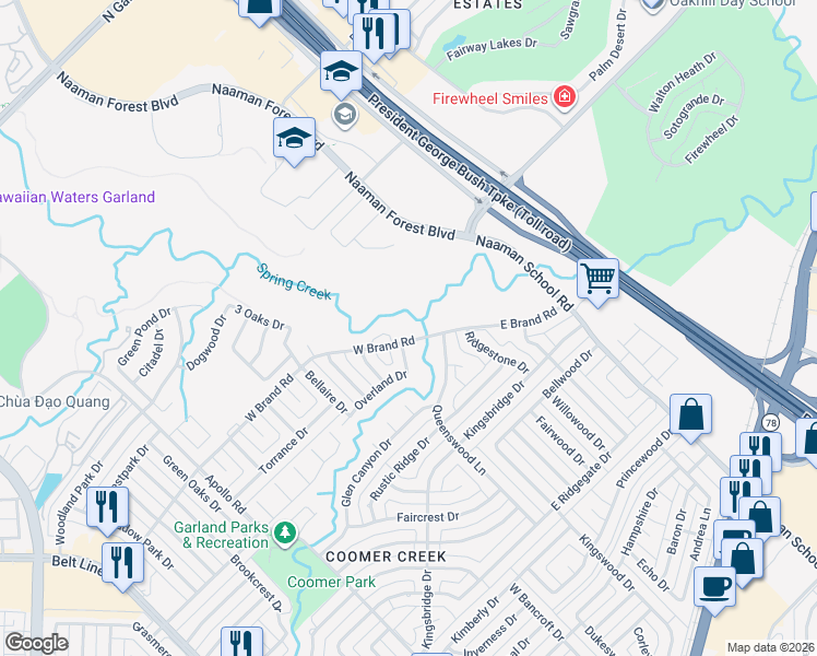 map of restaurants, bars, coffee shops, grocery stores, and more near 302 West Brand Road in Garland