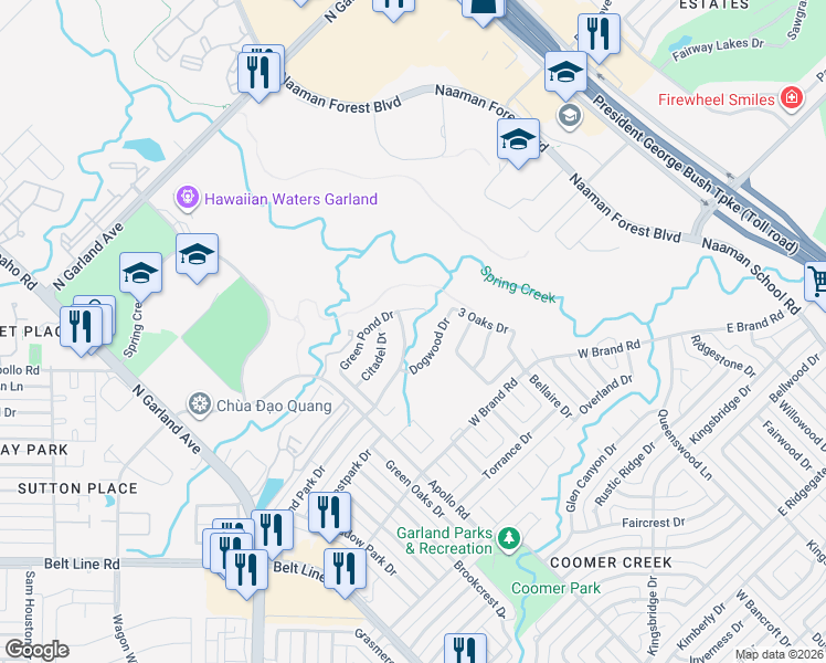 map of restaurants, bars, coffee shops, grocery stores, and more near 909 Dogwood Drive in Garland