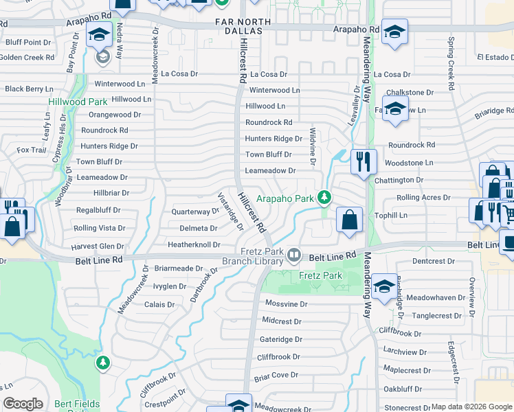 map of restaurants, bars, coffee shops, grocery stores, and more near 14919 Hillcrest Road in Dallas