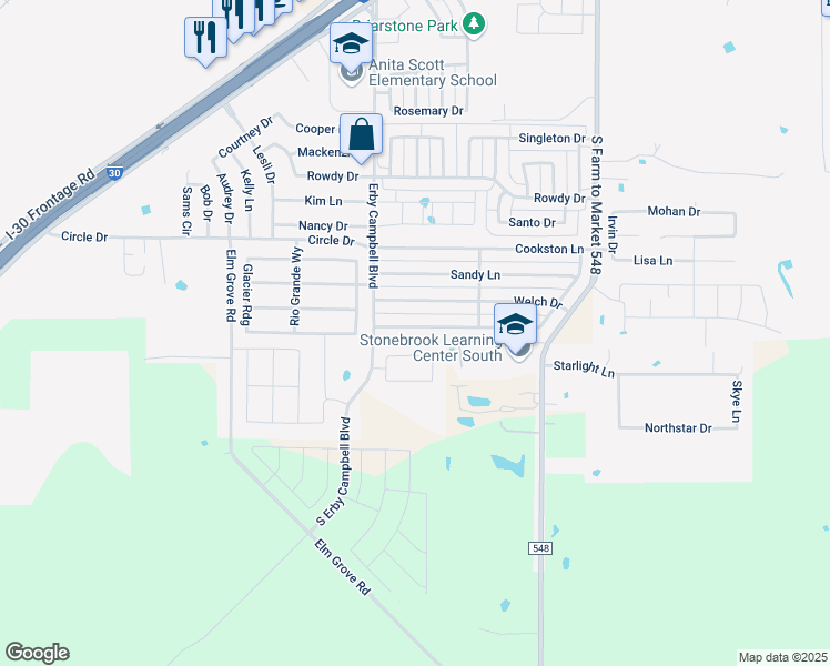 map of restaurants, bars, coffee shops, grocery stores, and more near 425 Ame Lane in Royse City