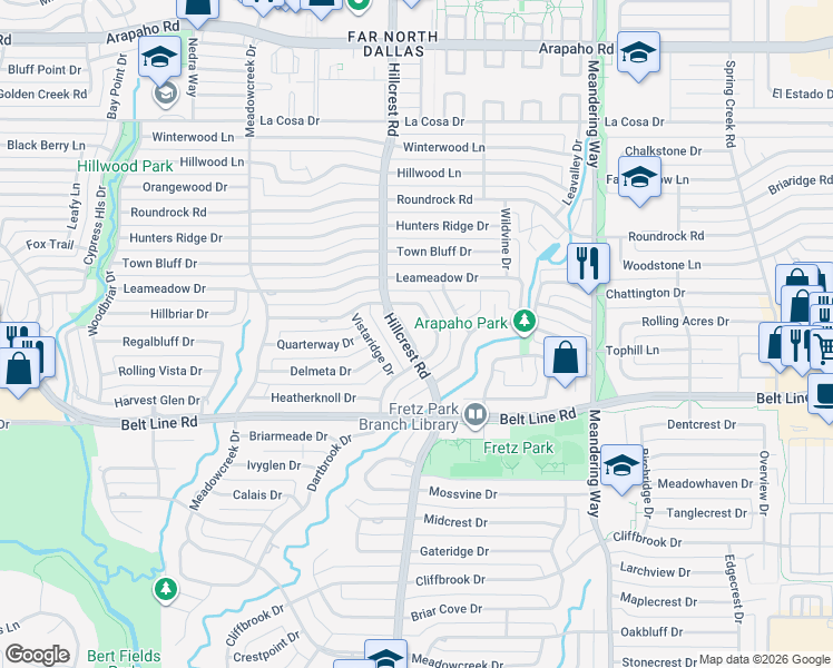 map of restaurants, bars, coffee shops, grocery stores, and more near 14919 Hillcrest Road in Dallas