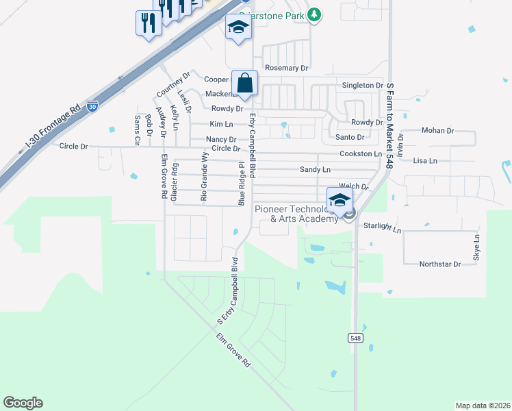 map of restaurants, bars, coffee shops, grocery stores, and more near 521 Ame Lane in Royse City