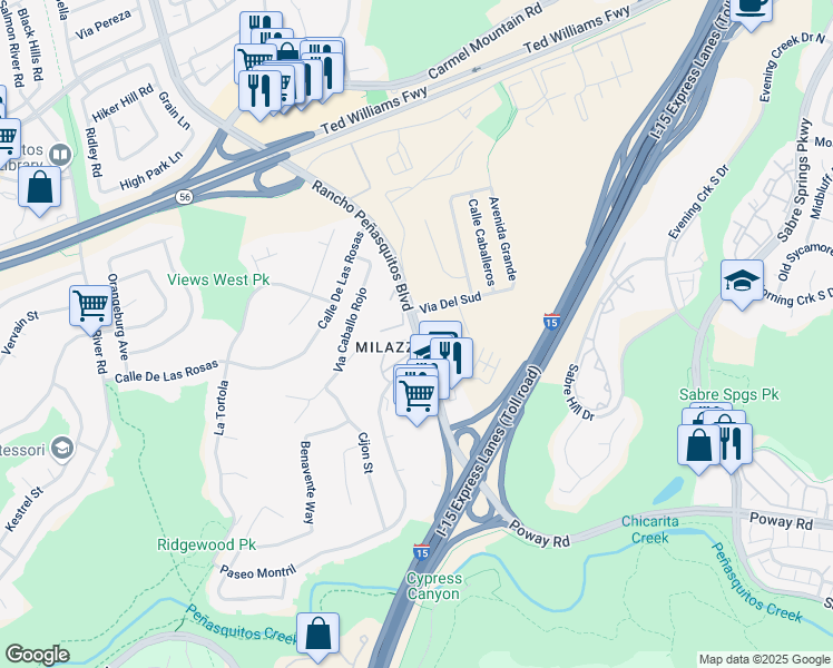 map of restaurants, bars, coffee shops, grocery stores, and more near 13020 Rancho Penasquitos Blvd in San Diego