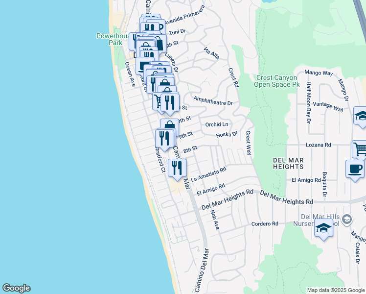 map of restaurants, bars, coffee shops, grocery stores, and more near 318 9th Street in Del Mar