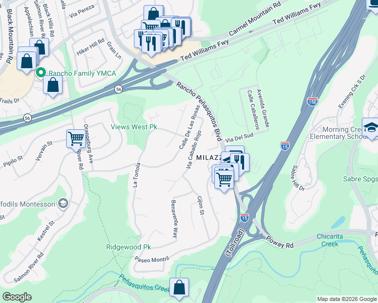 map of restaurants, bars, coffee shops, grocery stores, and more near 12956 Via Caballo Rojo in San Diego