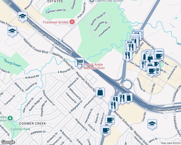 map of restaurants, bars, coffee shops, grocery stores, and more near 3706 Boxwood Drive in Garland