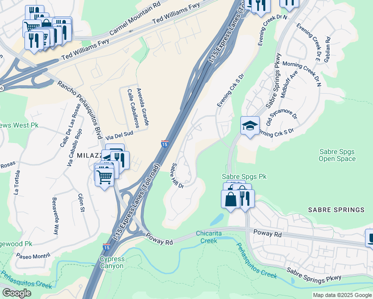 map of restaurants, bars, coffee shops, grocery stores, and more near 10834 Sabre Hill Drive in San Diego