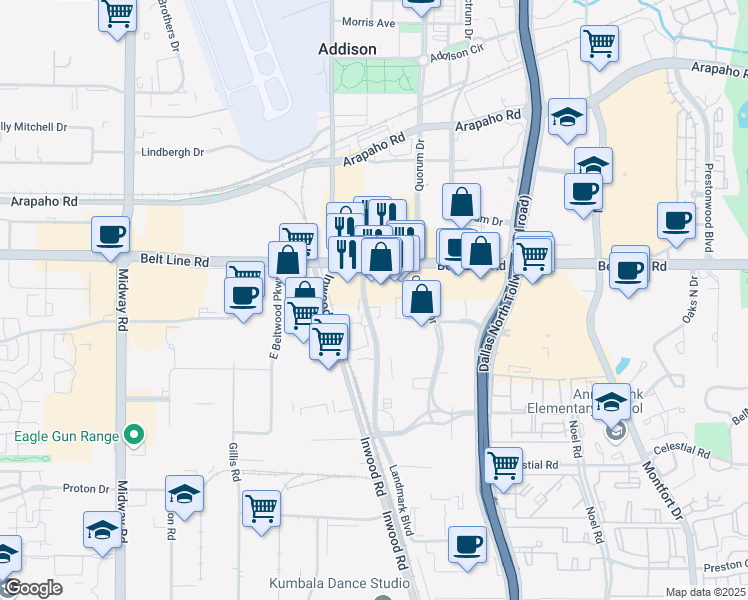 map of restaurants, bars, coffee shops, grocery stores, and more near 4900 Belt Line Road in Dallas
