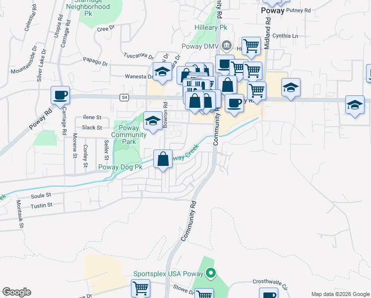map of restaurants, bars, coffee shops, grocery stores, and more near 12959 Creek Park Drive in Poway