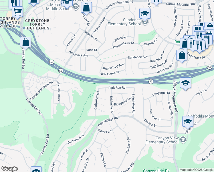 map of restaurants, bars, coffee shops, grocery stores, and more near 12763 War Horse Street in San Diego