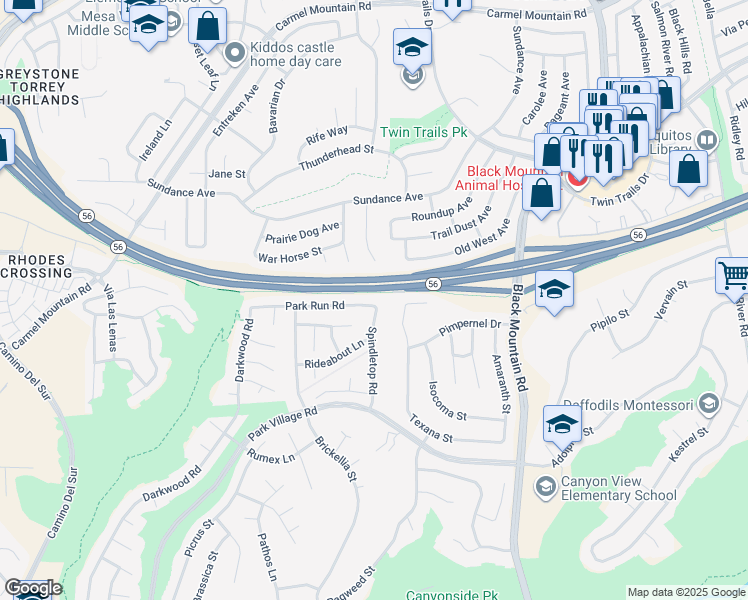 map of restaurants, bars, coffee shops, grocery stores, and more near 8778 Park Run Road in San Diego