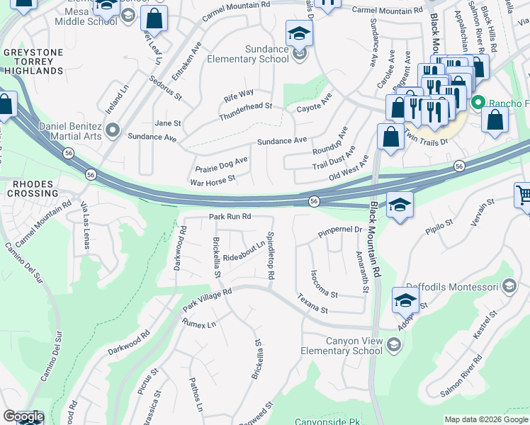 map of restaurants, bars, coffee shops, grocery stores, and more near 13004 Trigger Street in San Diego