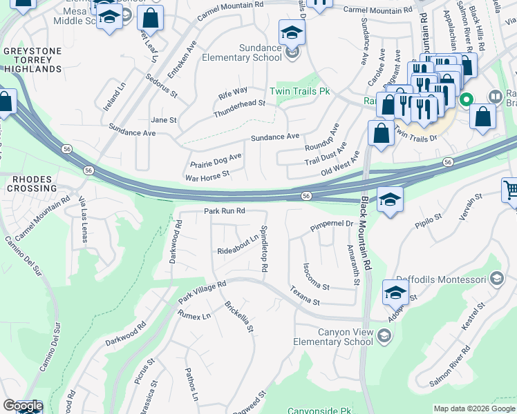 map of restaurants, bars, coffee shops, grocery stores, and more near 13004 Trigger Street in San Diego