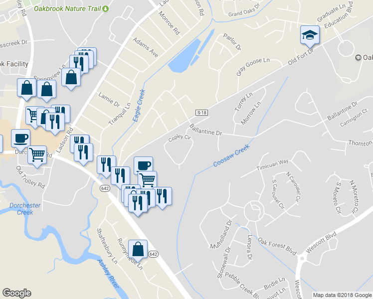 map of restaurants, bars, coffee shops, grocery stores, and more near 5289 Copley Circle in Summerville
