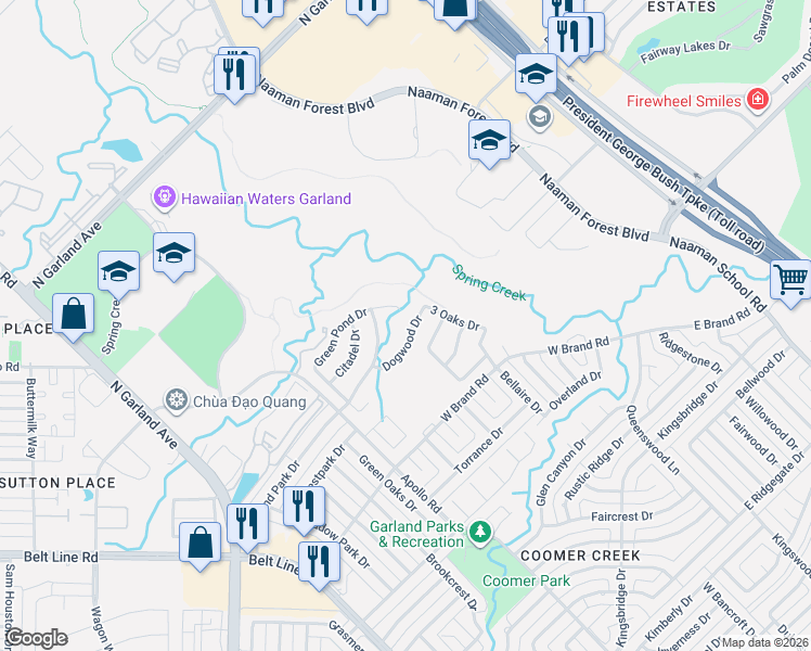 map of restaurants, bars, coffee shops, grocery stores, and more near 817 Green Pond Drive in Garland