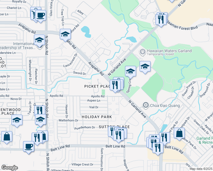 map of restaurants, bars, coffee shops, grocery stores, and more near 3928 Brandon Park Drive in Garland