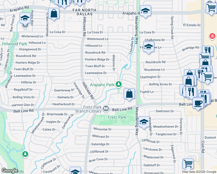map of restaurants, bars, coffee shops, grocery stores, and more near 7329 Tophill Circle in Dallas