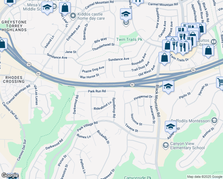 map of restaurants, bars, coffee shops, grocery stores, and more near 8754 Park Run Road in San Diego
