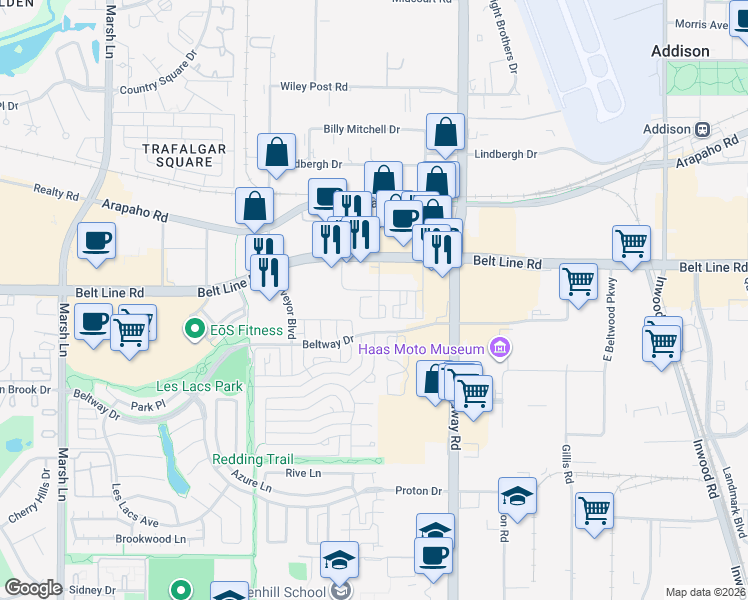 map of restaurants, bars, coffee shops, grocery stores, and more near 4100 Belt Line Road in Addison